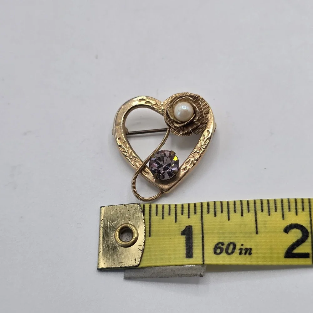Vintage Gold Tone Heart Brooch Rose Faux Pearl Lavender Rhinestone Etched Pin